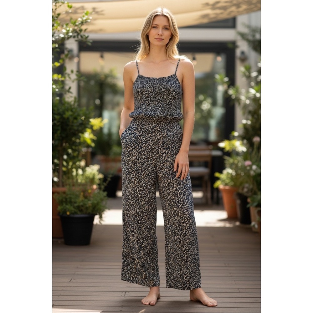 Old Navy Floral Jumpsuit Womens M Navy Blue Smocked Wide Leg